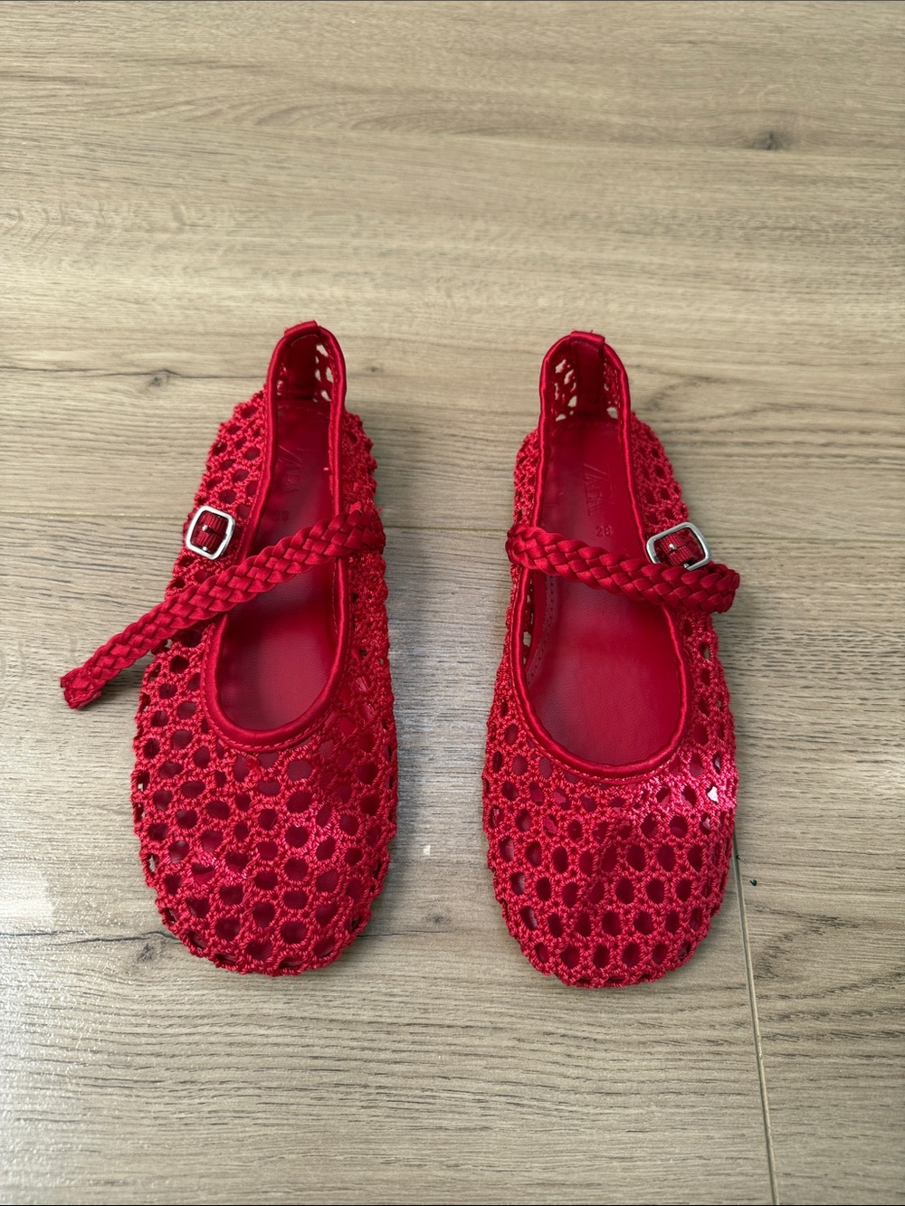 Zara Red Crochet Mary Jane Flats with Braided Strap